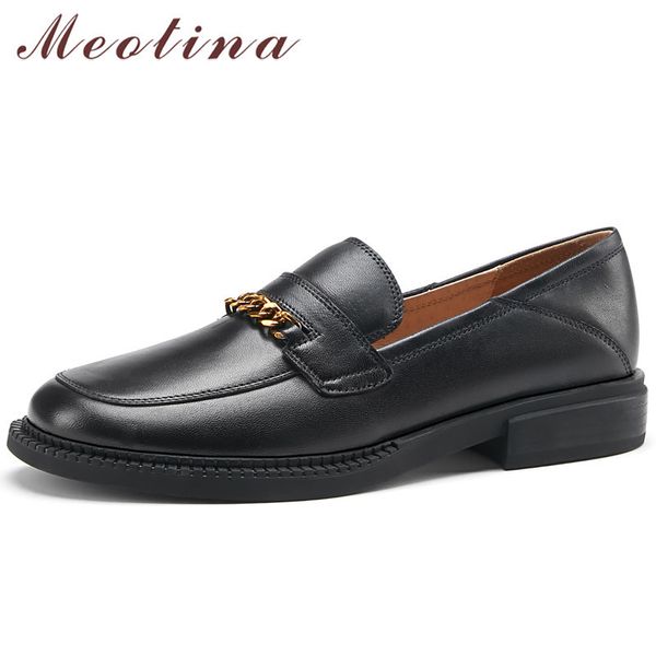 

low heels natural genuine leather loafers shoes women block heel pumps chain round toe female footwear spring beige 39 210517, Black