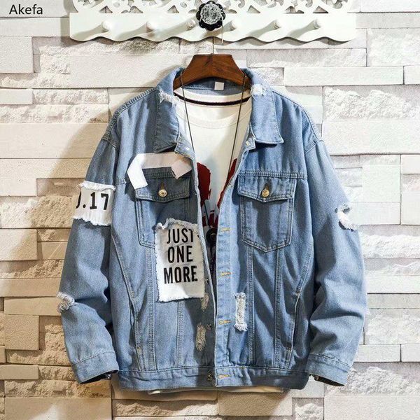 

men's jackets spring autumn 2021 fashion ripped hole denim jacket handsome bf wind student loose coat, Black;brown