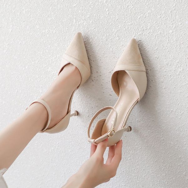 

luxury dress shoes single shoe 2021 korean version simple pointed hollow one line buckle temperament thin heel high heels, Black