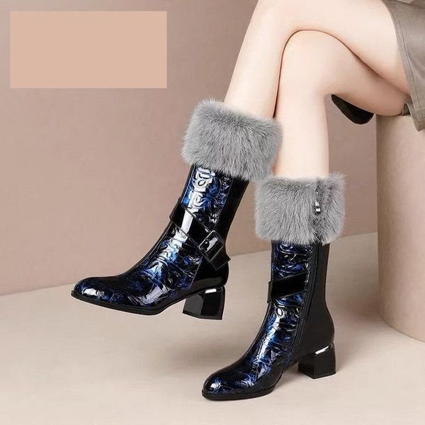 

boots snow boots,women mid calf boot,winter plush shoes,cony hair,pointed toe,thick heel,side zip,female footware,big size,black,blue