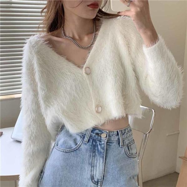 

women's knits & tees japan style short v neck white mohair cardigan sweaters women autumn lazy knitted crop fashion solid retro chic