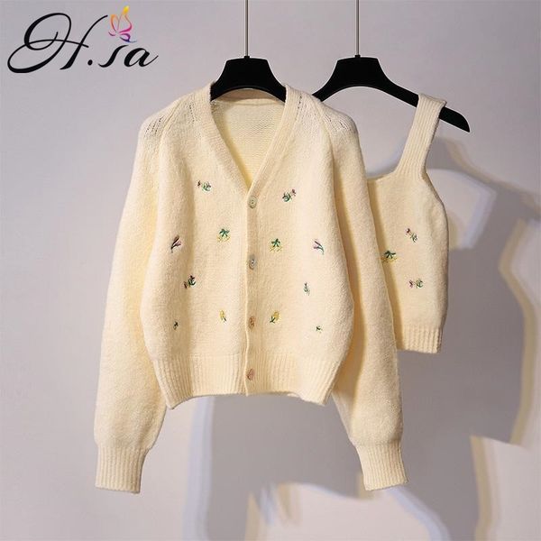

h.sa women spring embroidery 2 pcs vest and knitted cardigans sweater suit loose knit clothing 210417, White;black