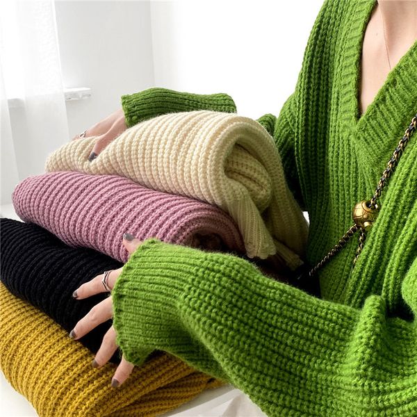 

autumn winter net red exquisite v neck solid color knitted sweater women's casual oversized all match for fashion 210520, White;black