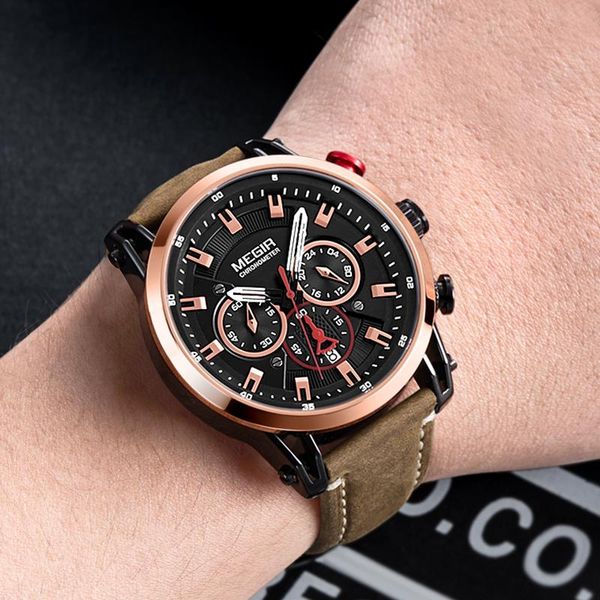 

wristwatches megir leather strap leisure quartz watches for men 24 hours chronograph 3atm waterproof army sports wristwatch relogios 2085ros, Slivery;brown