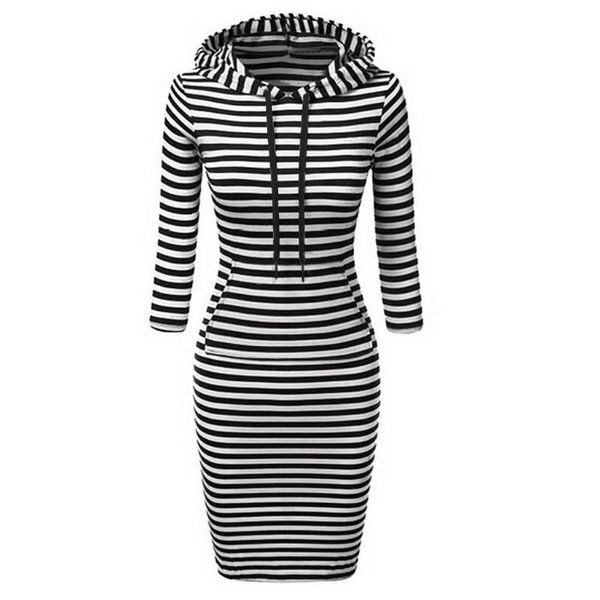 

casual dresses lace up women striped dress long sleeve hooded pullover pockets sweatshirt drawstring above knee sukienka mini, Black;gray