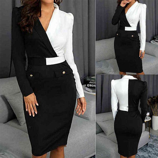 Mulheres elegante manga comprida preto e branco patchwork Casual partido de trabalho escritório equipado estiramento slim lápis bainha bodycon vestido g1214