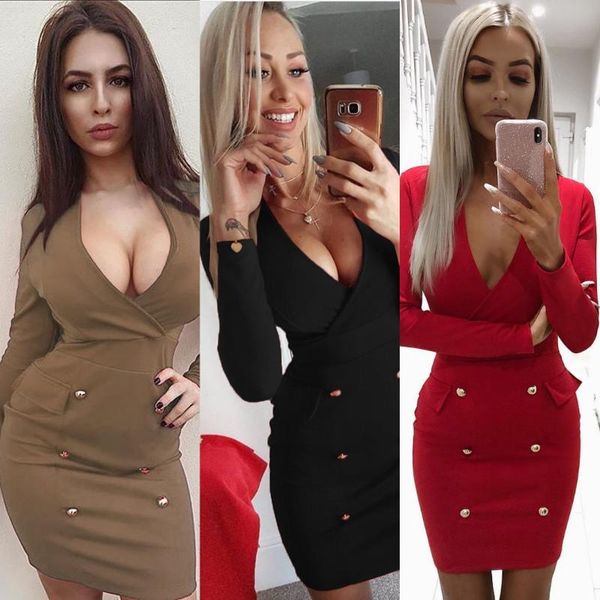 

casual dresses spring and autumn fashion products women's temptation v-neck long-sleeved slim skirt dress women, Black;gray