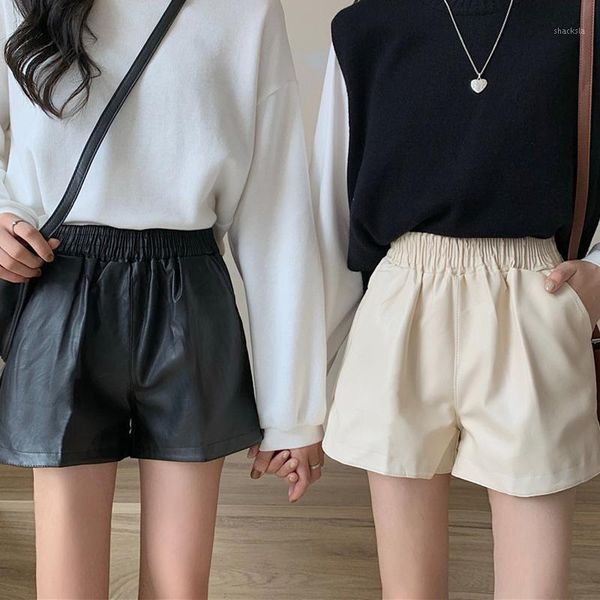 

going out loose high waist shorts streetwear winter autumn pu leather pleated elastic pantaloncini ef50ws women's, White;black