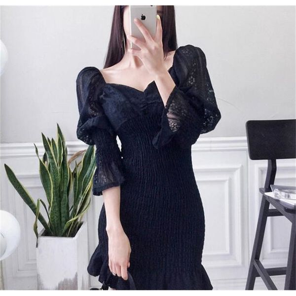 

casual dresses spring and summer korean v-neck slim princess sleeves lace pleated fashion bag hip dress i9l8, Black;gray