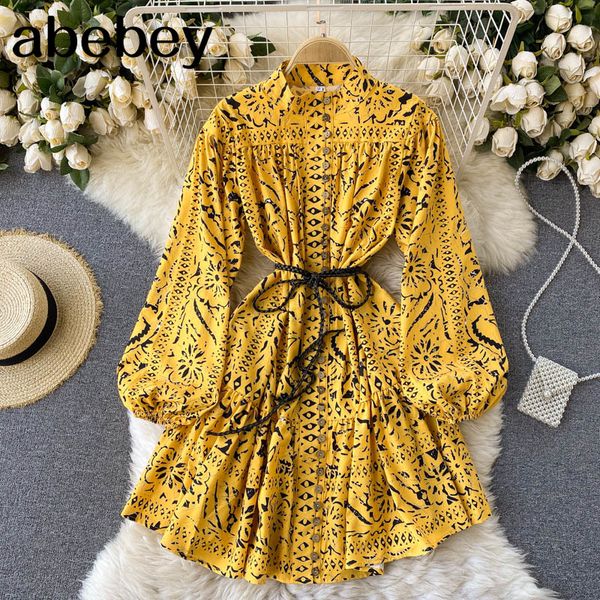 

women vintage print short dress spring autumn button o neck a line dresses korean casual puff sleeve dstring dress, Black;gray