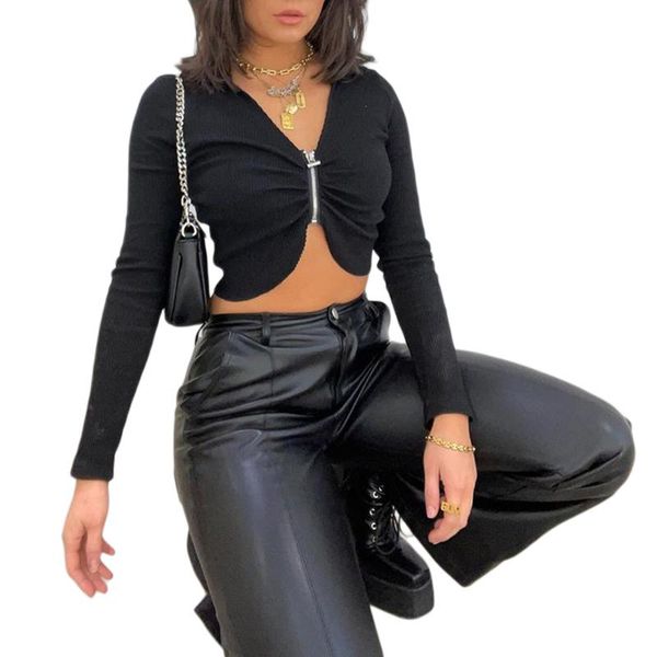 

women's knits & tees zip up crop long sleeve v neck solid color ruched rib knit t-shirts, White