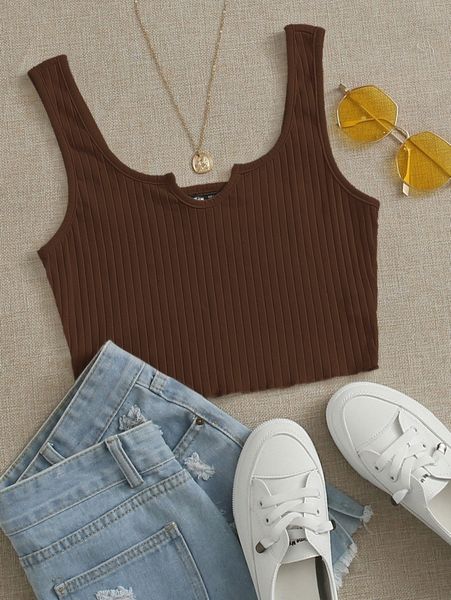 

notch neck lettuce edge rib-knit tank w3ny#, White