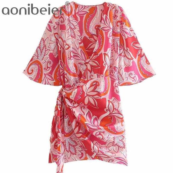 

summer printed casual holiday women high waist mini dress deep v neck flare sleeve tie detail female pencil 210604, Black;gray