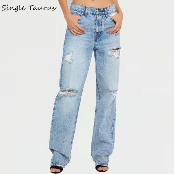 

women's jeans streetwear wash mom 2021 summer straight denim pant loose hole ripped for woman distressed mid high waist jean mujer, Blue
