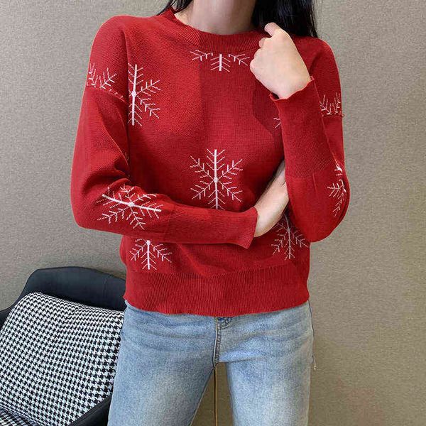 Frau Pullover Weihnachten Winter Kleidung Frauen Schneeflocke Muster Klassische Rundhals Langarm Festliche Pullover für Frauen Y1110