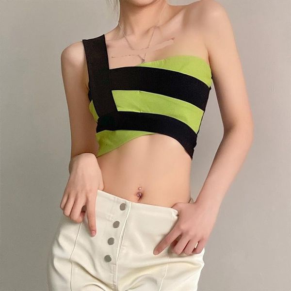 

women's vest tank fashion trend in spring and summer slim one shoulder with exposed navel contrast tanks & camis, White