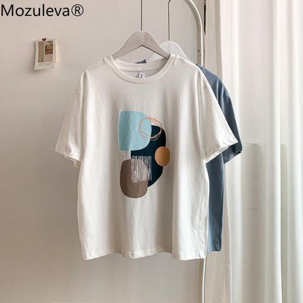 

mozuleva casual o-neck geometric print women cotton t-shirt summer short sleeve loose female basic shirt 2021 ladies tees women's, White