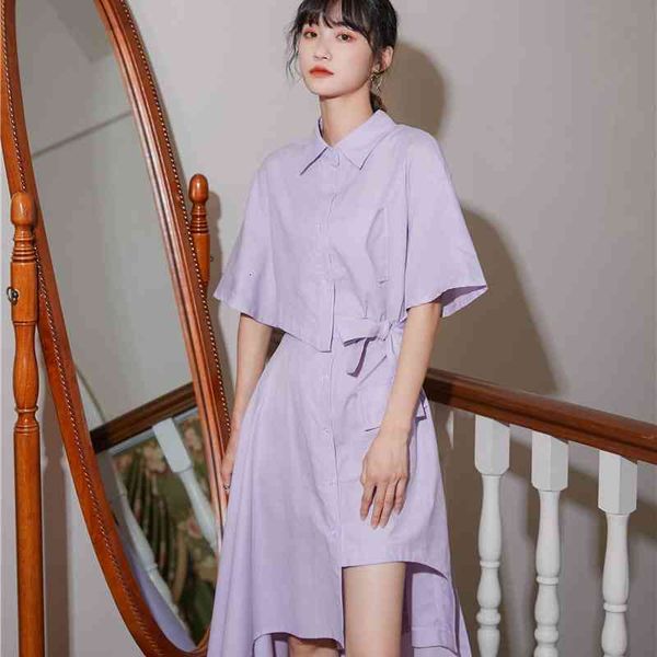 

casual dresses asymmetrical long shirt dress women purple button up short sleeve collar summer korean style 1cl9, Black;gray