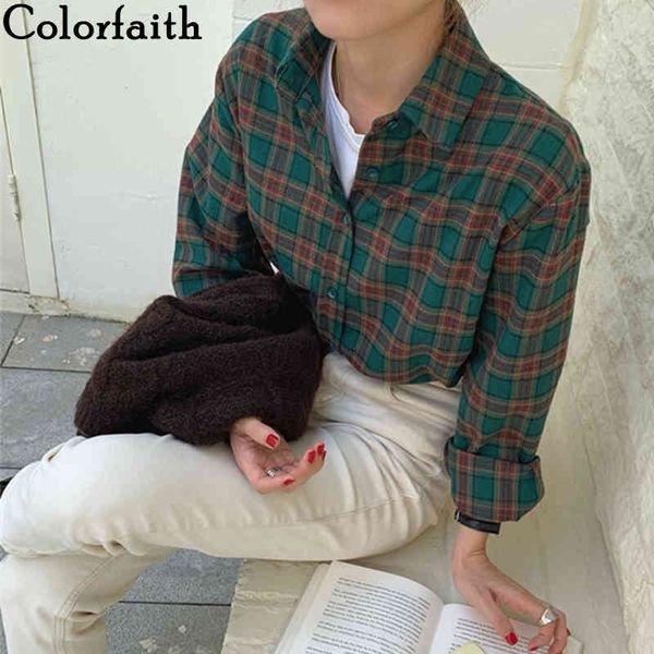 

colorfaith new women autumn winter blouses shirts vintage oversize korean checkered irregular plaid wild lady bl535 210413, White