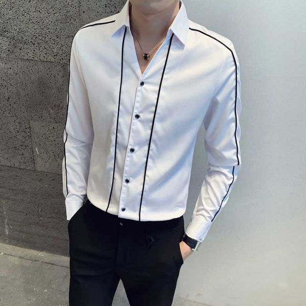 

striped men shirt v-neck casual slim fit long sleeve shirts camisa masculina men streetwear night club social clothing 210527, White;black