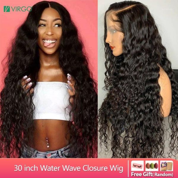 

virgo hair 8-30 inch brazilian water wave wig 4x4 closure lace front human wigs for black women 150% remy1, Black;brown