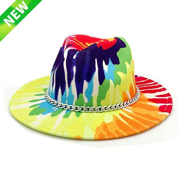 

wide brim hats tie dyed special style fedora panama hat with chain belt buckle men women artificial wool british jazz cap, Blue;gray