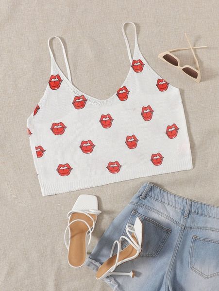 

plus mouth print cami knit c0n3#, Black