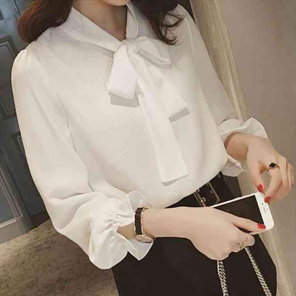 

autumn chiffon plus size womens blouses bow sleeve underwear blusas mujer de moda, White