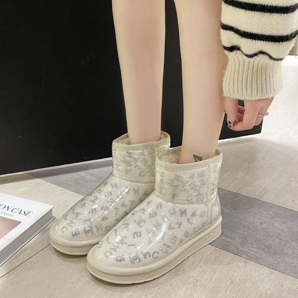 

boots winter fashion 2021 personality water drill snow women add fleece cotton shoes fur one comfortable and warm, Black