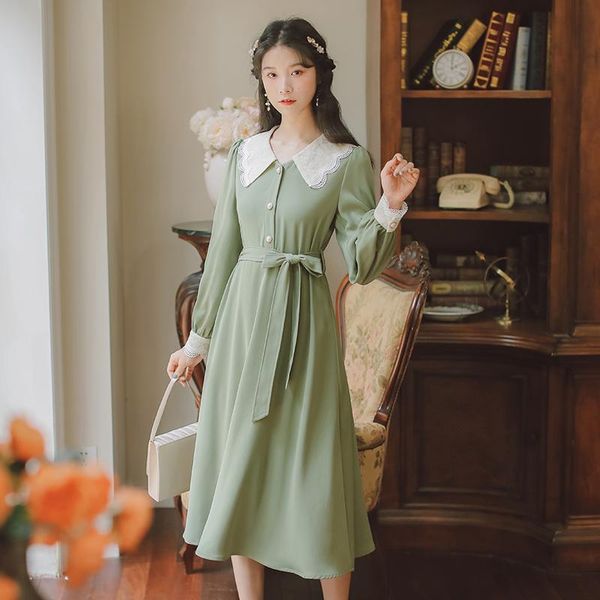 

casual dresses cute crochet hollow lace doll collar vestidos female black retro dress fall long sleeve french simple fashion elegant midi, Black;gray