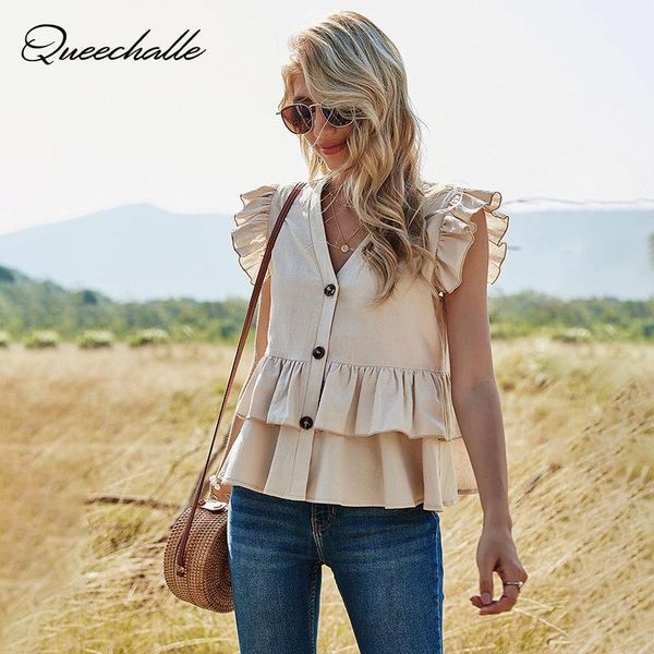 

khaki shirt summer deep v neck sleeveless ruffles patchwork a-line short blouse women butterfly sleeve solid casual women's blouses &, White