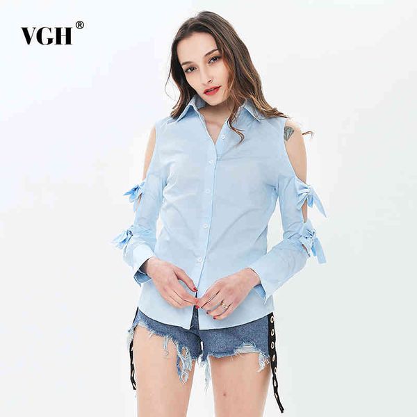 

vgh patchwork bowknot hollow out women's blouse off shoulder casual blue shirt for female clothes fashionable autumn 210421, White