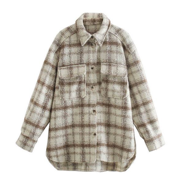 

women jacket coat fashion retro woolen plaid casual chic young students mix match street women 210601, Black