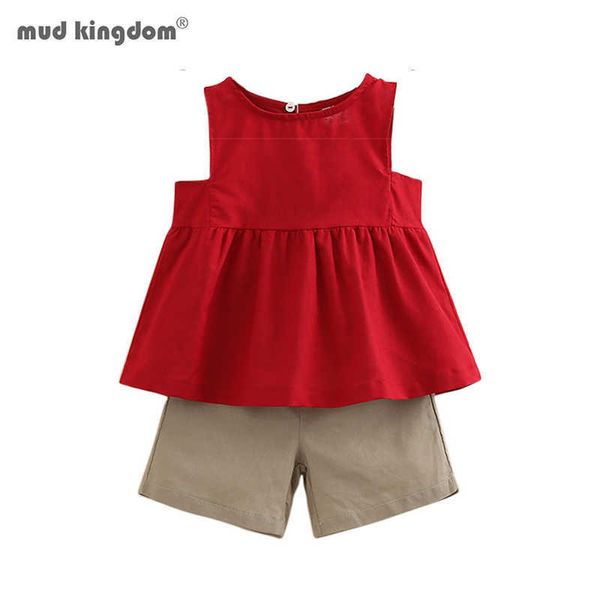 Mudkingdom meninas roupas de camisetas vermelhas e shorts roupas conjunto elegante cor sólida sem mangas veste terno 210615