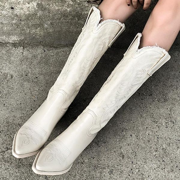 

boots retro botas de vaquero occidentales cuero genuino puntiagudos negro blanco embroidered invierno altas, Black