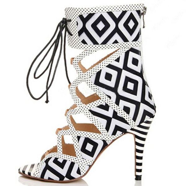 

sandals open toe cut-outs lace up striped stiletto cross tied fashionable white and black heel summer high heels woman