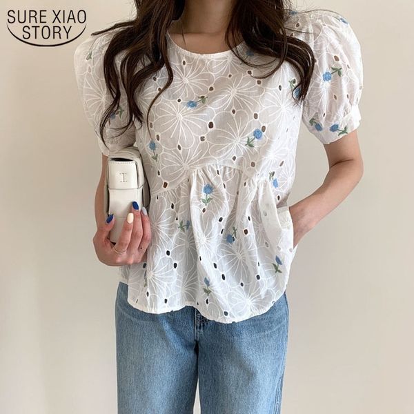 

chic stylish embroidered hook-up short sleeve shirt women hollow out blouse vintage shirts fashion blouses 13650 210508, White