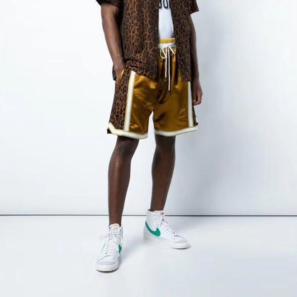 

embroidered mesh leopard print gold color block drawstring summer shorts mens oversize hip hop loose casual short, Black
