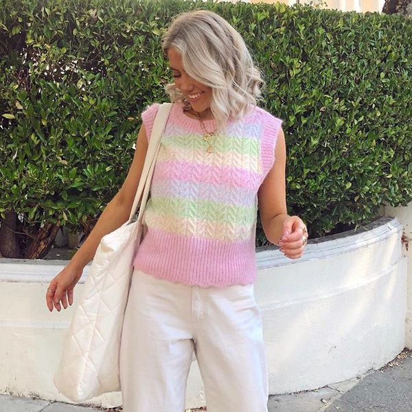 

Women's Vests Women Sleeveless Vest Autumn Fashion Wild Colorful Striped Round Neck Casual Loose Knitted Sweater Daily Streetwear for Ladies NX3W, Black;white