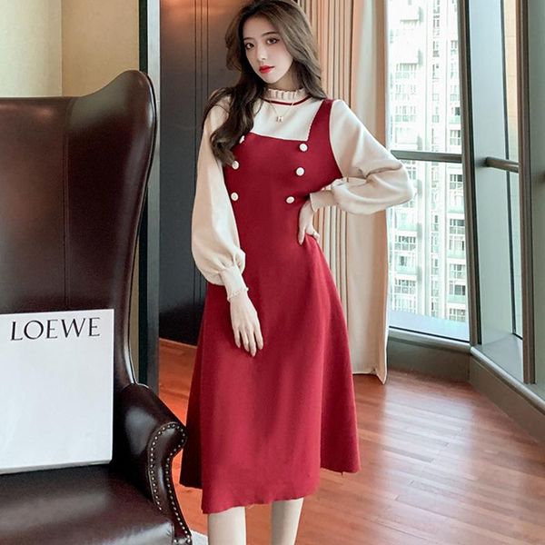 

casual dresses 2021 spring women long sleeve jumper dress a-line fashion korean knitted button decoration sweater, Black;gray