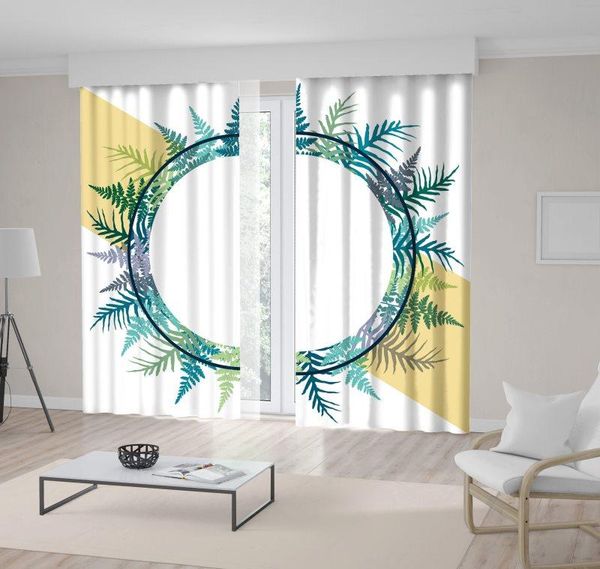 

curtain & drapes fern plant leaves in circle wreath exotic floral decorative artwork printed green blue yellow
