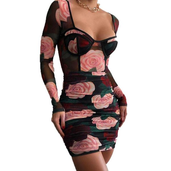 

female dress spring summer long sleeve rose printed bodycon mini 2021 square collar dresses women clothes casual, Black;gray