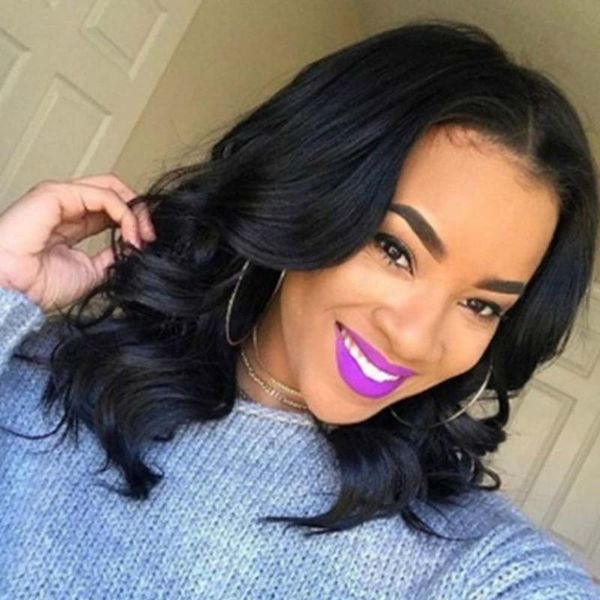 

lace wigs side part front human with baby hair for black women short wavy wig preplucked hairline body wave, Black;brown