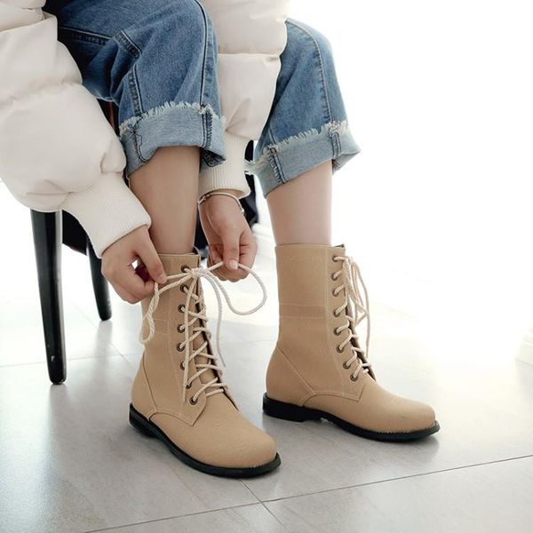 

boots big size 1 the british wind is full of round head, middle heel and tie, Black