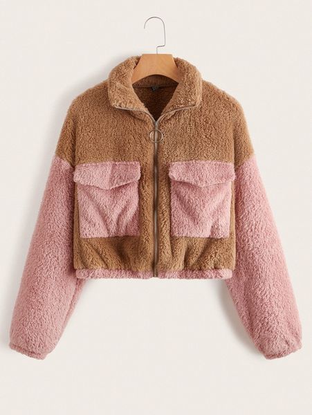 

color block flap pocket drop shoulder teddy jacket x6yr#, Black;brown