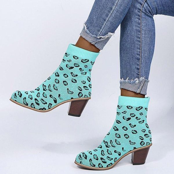 

boots women's ankle chunky heels stretch fabric leopard ladies sock ethnic slip on female shoes plus size 2021, Black