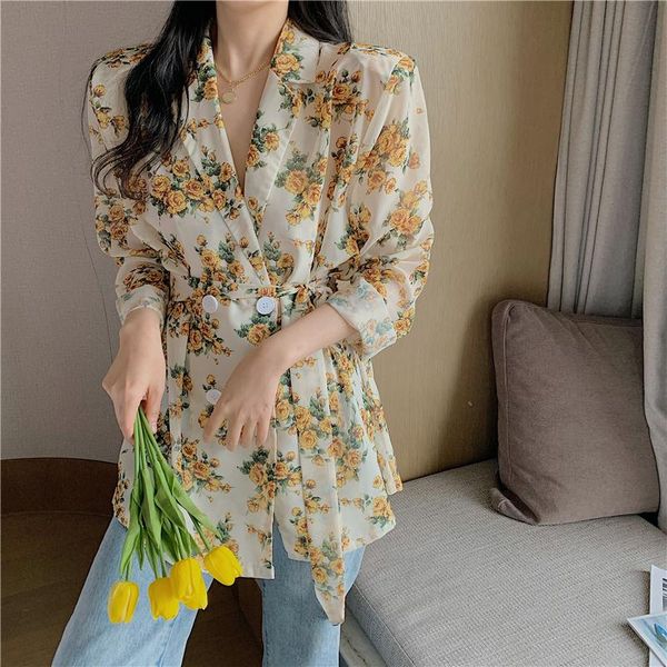 

women's blouses & shirts chiffon floral long blouse women sleeve flower ladies lapel lace up yellow korean 2021, White