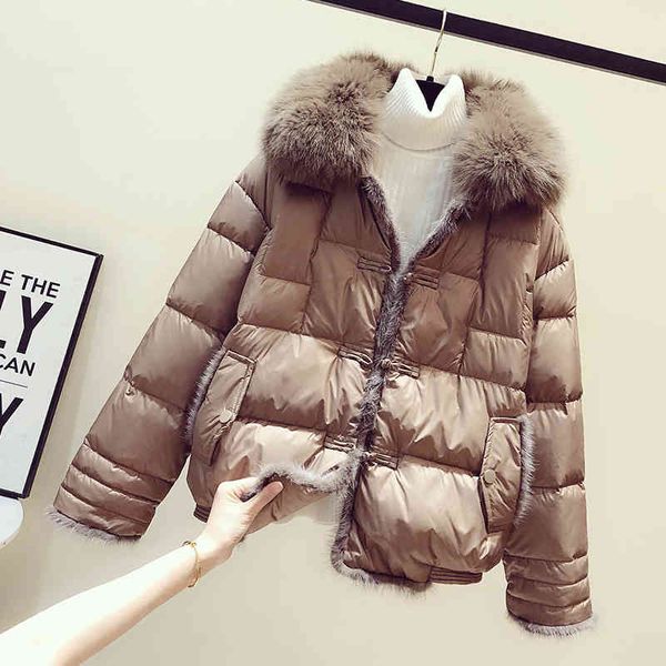 

women coat 90% duck down jacket real fox fur collar hooded casual thick warm button outwear 210423, Black