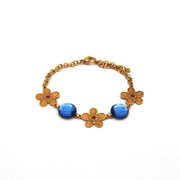 

link, chain stainless steel gold bracelets flowers round blue crystal fashion sweet style for women br041612, Black