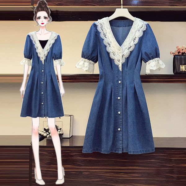 

casual dresses dress large size women's summer fat sister cover belly show thin waist lace splicing denim dr5e, Black;gray